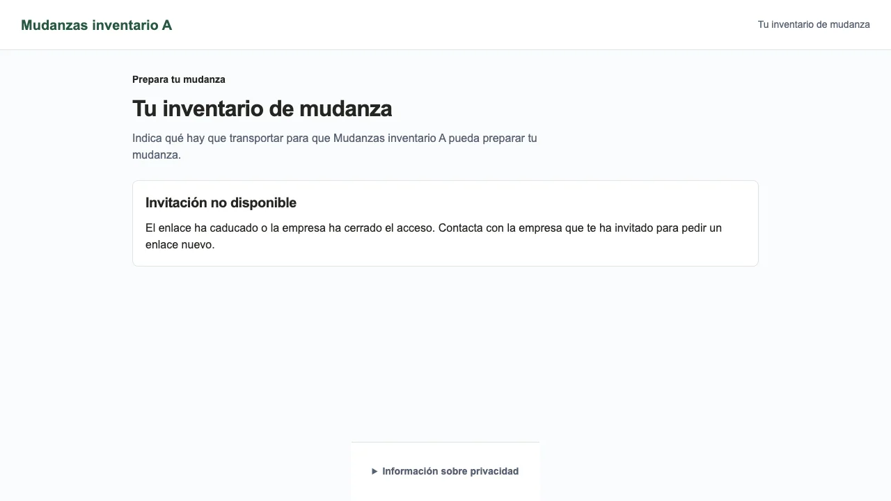 Page du client indiquant que l'invitation n'est plus disponible