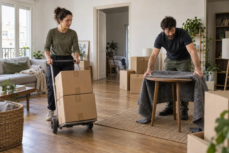 Dos personas preparan una mudanza: una traslada cajas en una carretilla y otra protege una mesa. Imagen generada con IA.